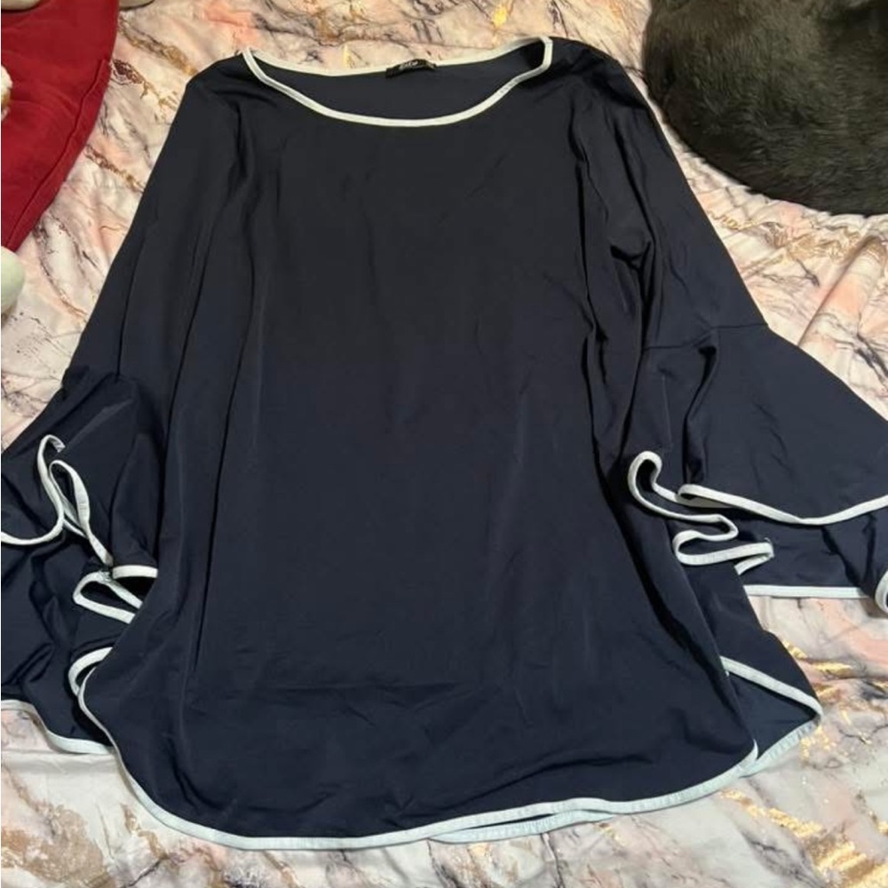 Navy Blue Blouse with White Trim